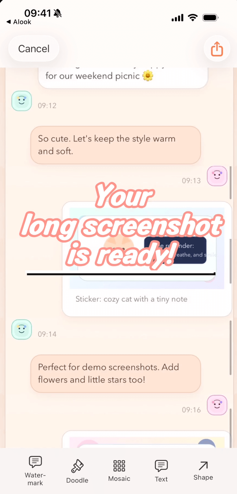 Scrollie iPhone drafts inbox showing an in-progress long-screenshot edit ready to resume