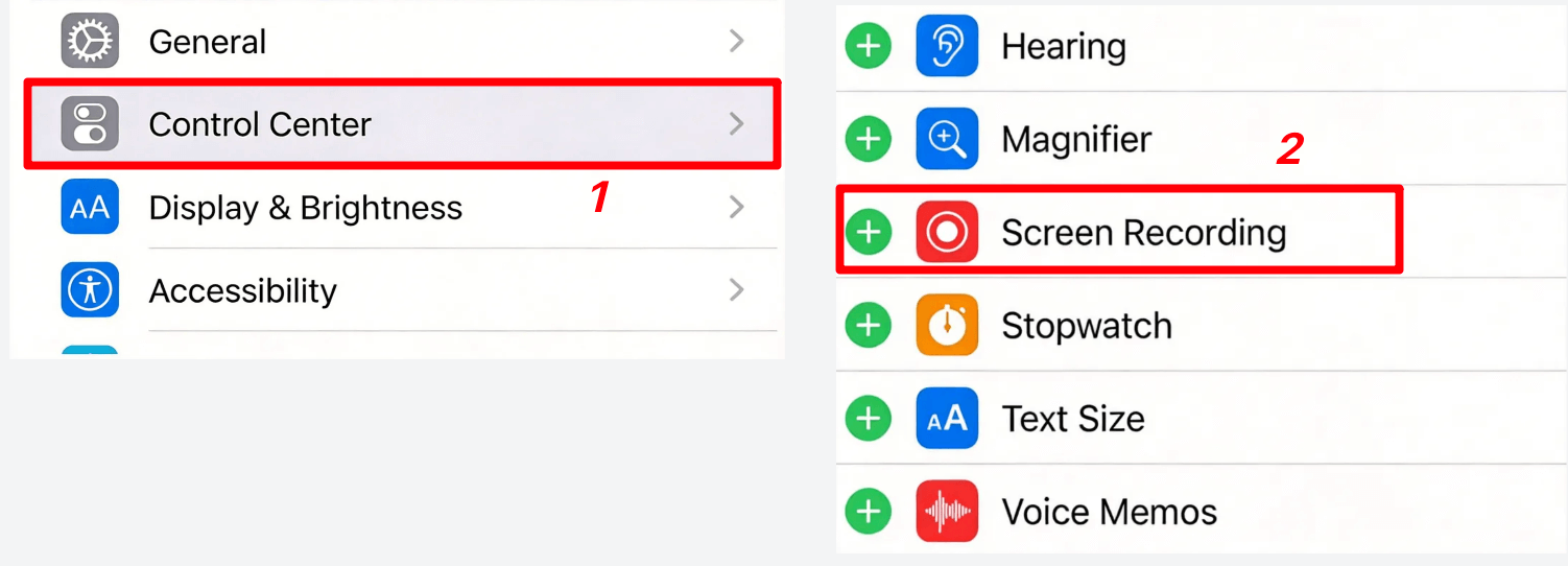 Open Settings and add Screen Recording in Control Center